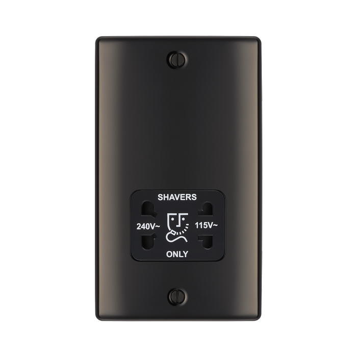 Black wall socket with 'Shavers Only' label on a white background