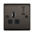 Black electrical socket with two sockets and a switch on a white background