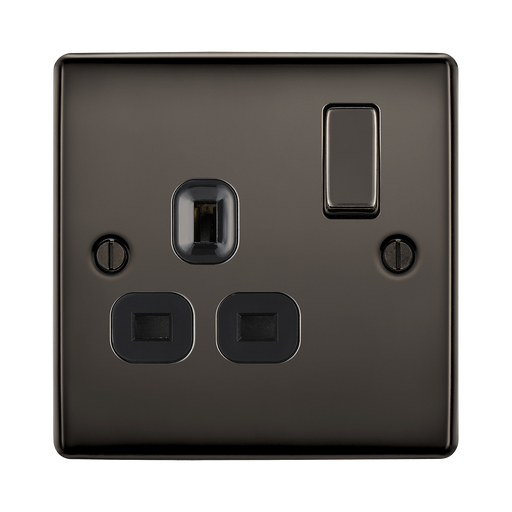 Black electrical socket with two sockets and a switch on a white background