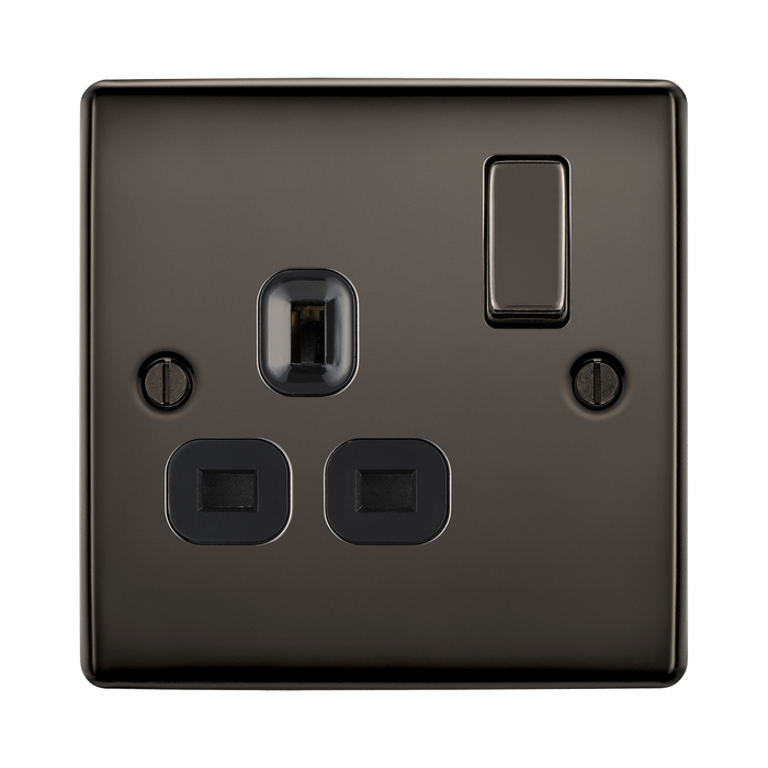Black electrical socket with two sockets and a switch on a white background