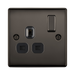 Black electrical socket with two sockets and a switch on a white background