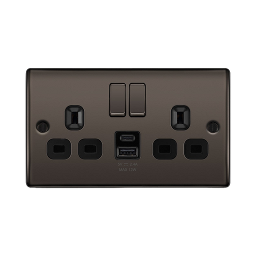BG Nexus Metal Black Nickel 13A Double USB Socket with 12W A+C Ports NBN22UAC12B Available from RS Electrical Supplies