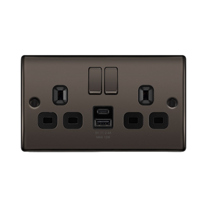 BG Nexus Metal Black Nickel 13A Double USB Socket with 12W A+C Ports NBN22UAC12B Available from RS Electrical Supplies