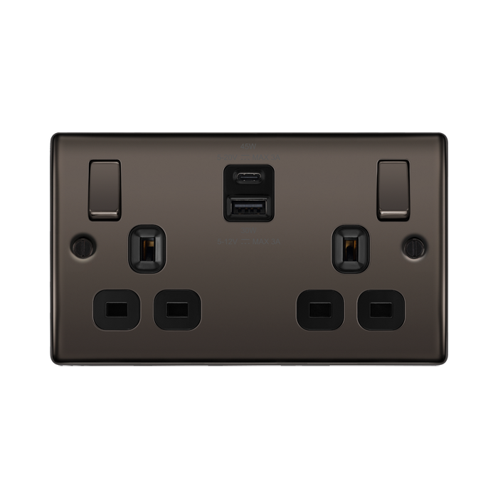 Black electrical socket with USB ports on a white background