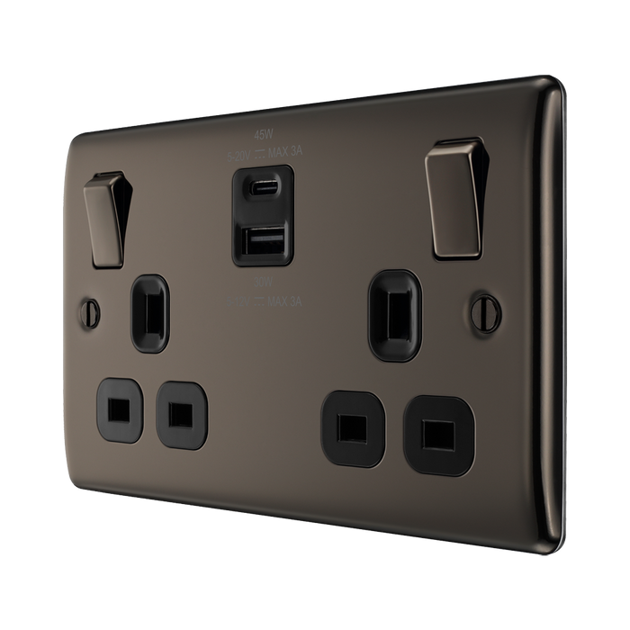 BG Nexus Metal Black Nickel 13A Double USB Socket with 45W A+C Ports NBN22UAC45B