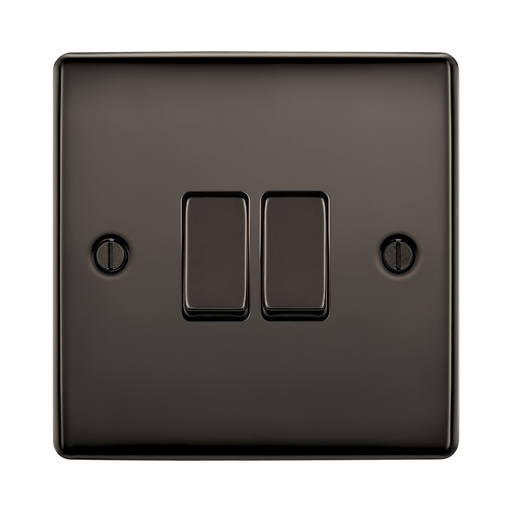 Black light switch with two rectangular buttons on a white background