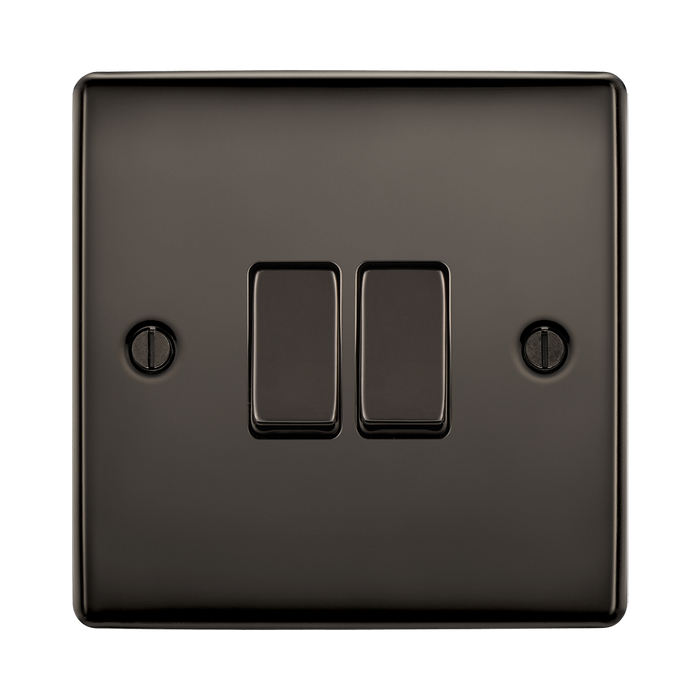 Black light switch with two rectangular buttons on a white background