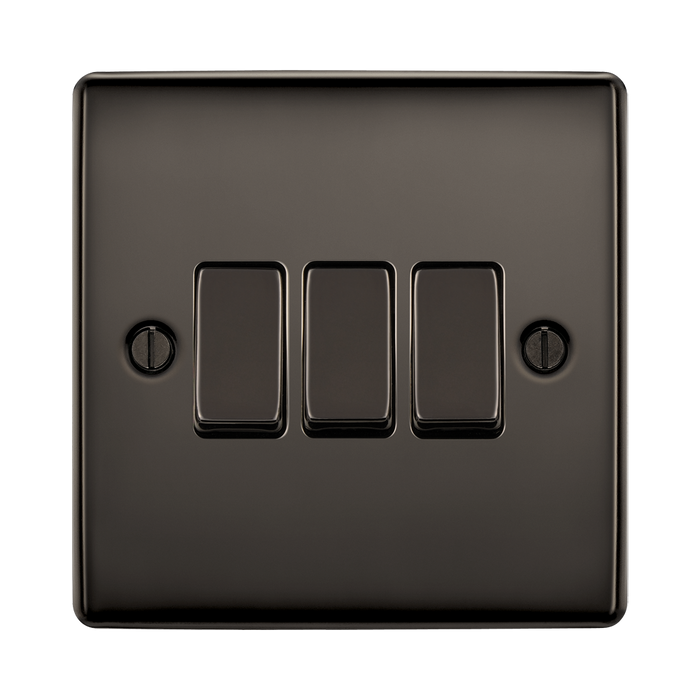 Black three-gang switch on a white background