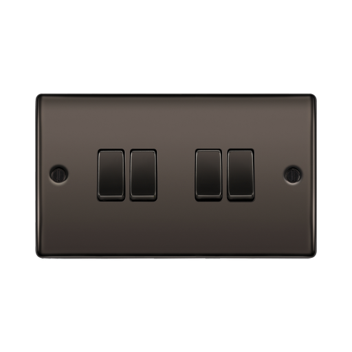 Black rectangular switch plate with four black switches on a white background