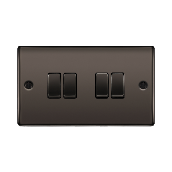 Black rectangular switch plate with four black switches on a white background
