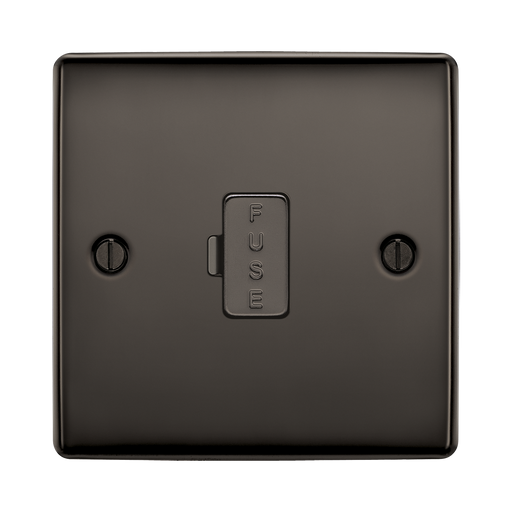 Black metal fuse box with 'FUSE' label on a white background