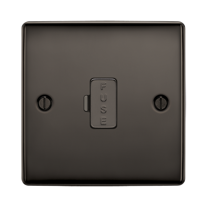Black metal fuse box with 'FUSE' label on a white background