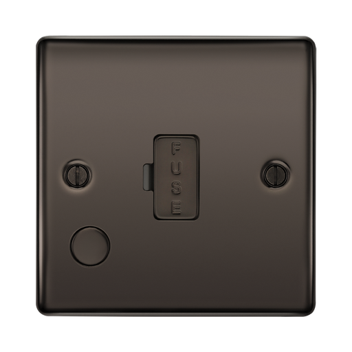 Black metal fuse box with 'FUSE' label on a white background