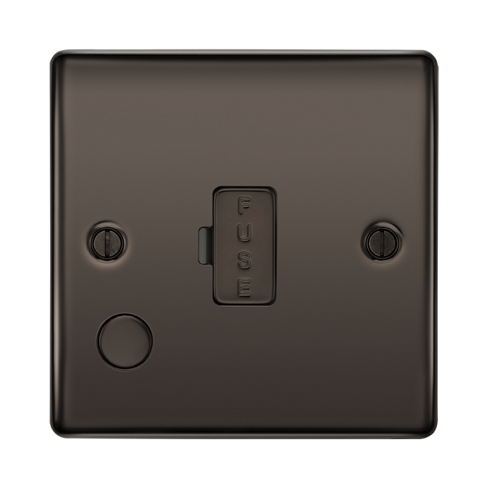 Black metal fuse box with 'FUSE' label on a white background