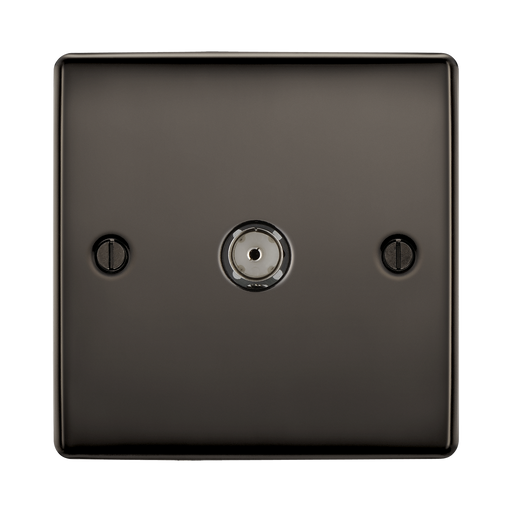 Black wall socket with two screws on a white background