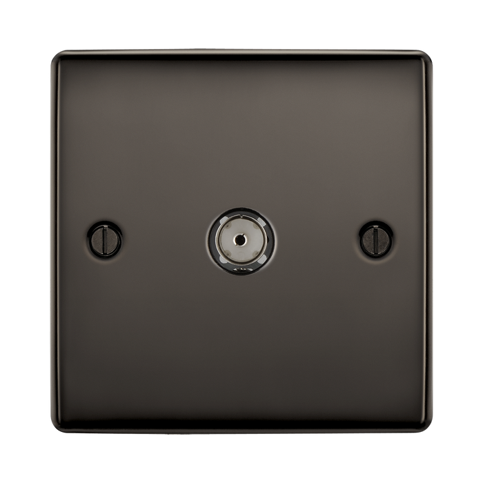 Black wall socket with two screws on a white background