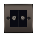 Double socket outlet with black faceplate on bronze frame