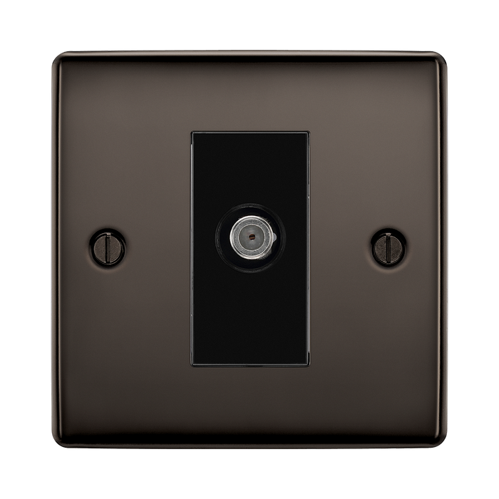 Black TV aerial socket on a white background