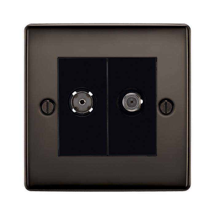 Black double socket cover with two sockets on a white background