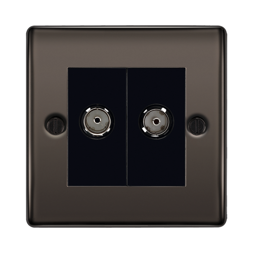 Double socket outlet with black faceplate on bronze frame