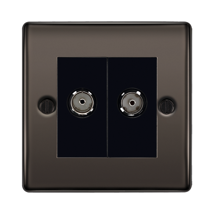 Double socket outlet with black faceplate on bronze frame