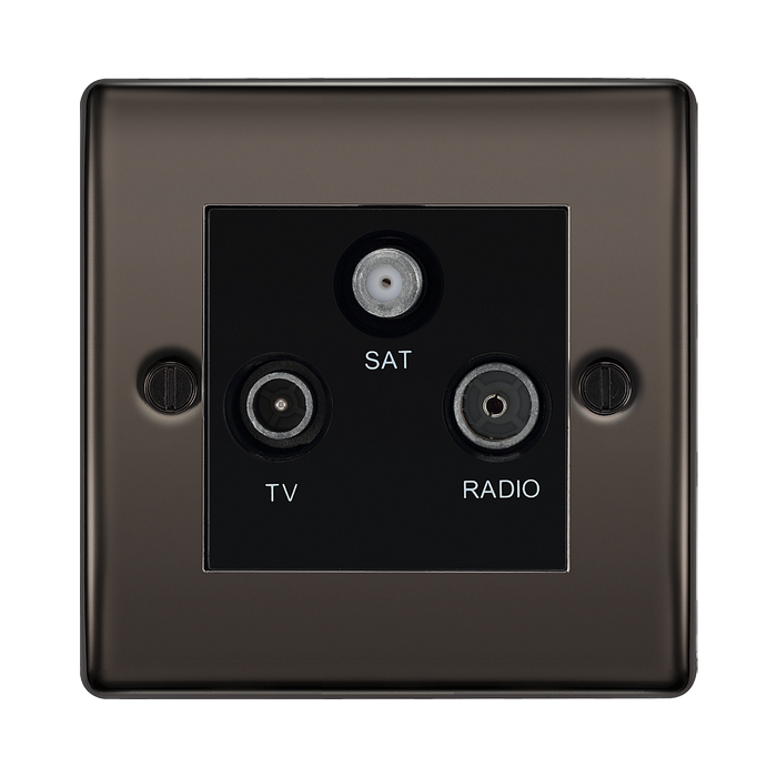 Black television, satellite, and radio socket on a white background