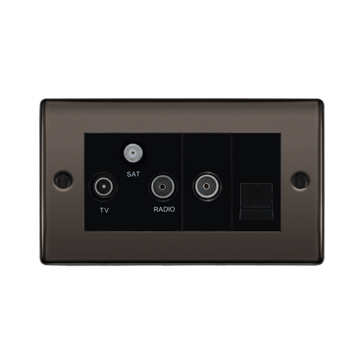 Black wall plate with TV, SAT, and RADIO labels on a white background