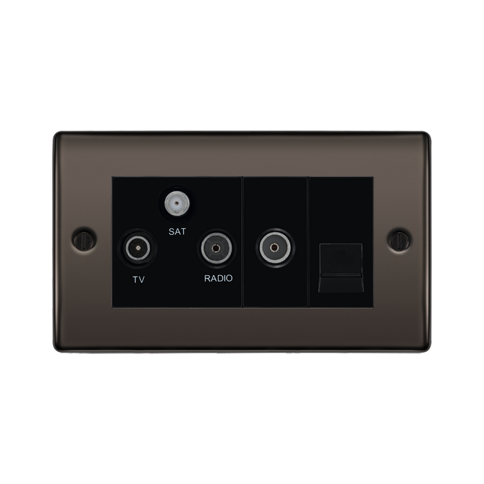 Black wall plate with TV, SAT, and RADIO labels on a white background