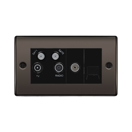 Black wall plate with multiple socket outlets on a white background