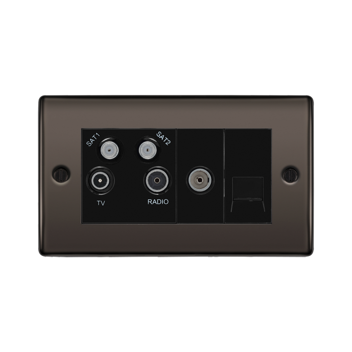 Black wall plate with multiple socket outlets on a white background
