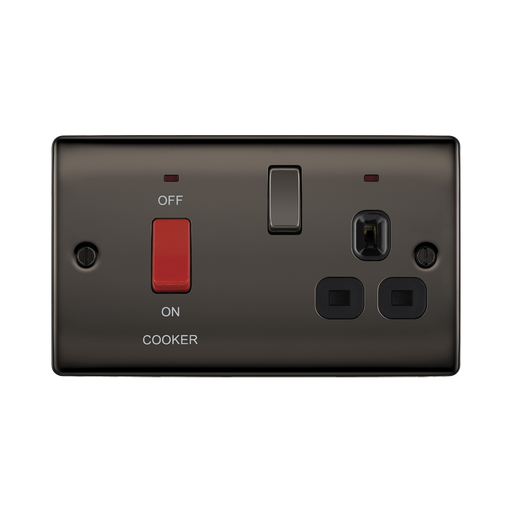 Black electrical socket with red button labeled 'ON COOKER' on a white background
