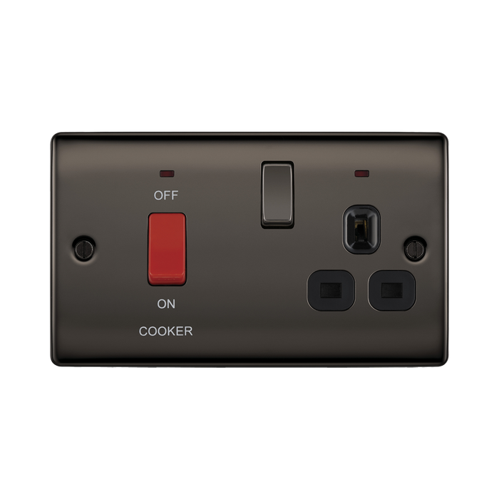 Black electrical socket with red button labeled 'ON COOKER' on a white background