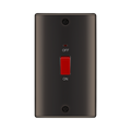 Black wall switch with red on/off button on a white background