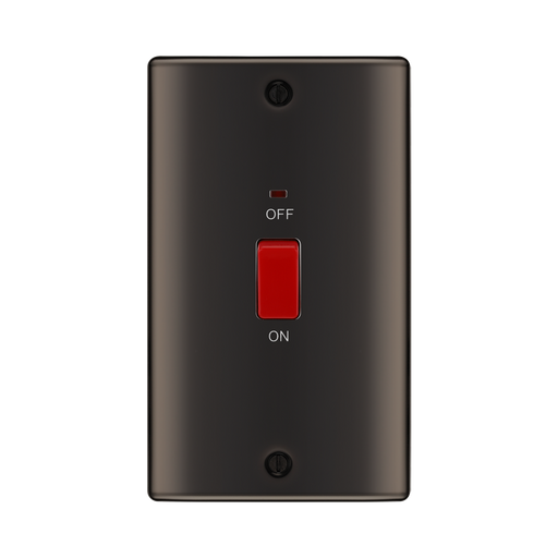 Black wall switch with red on/off button on a white background