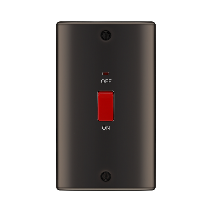 Black wall switch with red on/off button on a white background