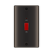 Black wall switch with red on/off button on a white background