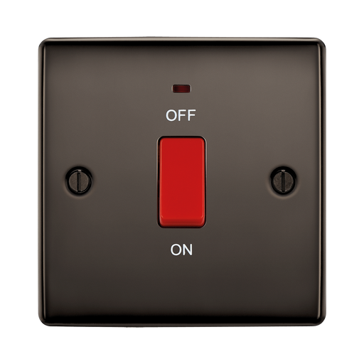 Black electrical switch with red 'ON' and 'OFF' labels on a white background