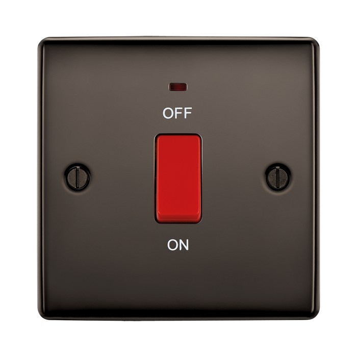 Black electrical switch with red 'ON' and 'OFF' labels on a white background