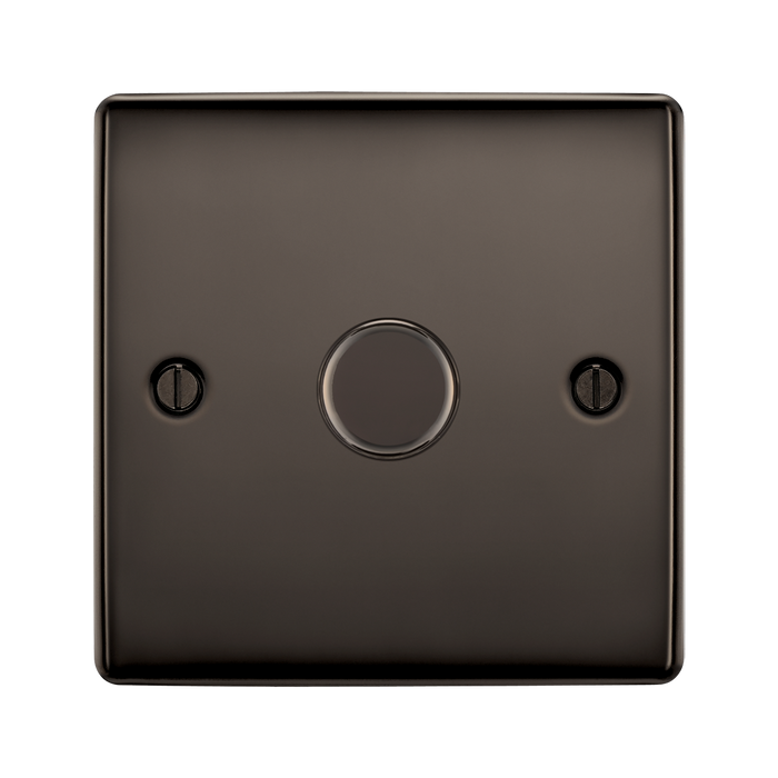Black square switch with a round center on a white background