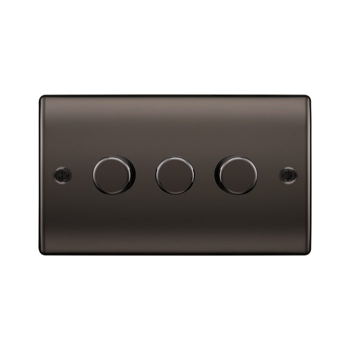 Black rectangular switch with three circular buttons on a white background