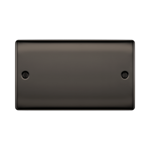 Rectangular black metal plate with two holes on a white background