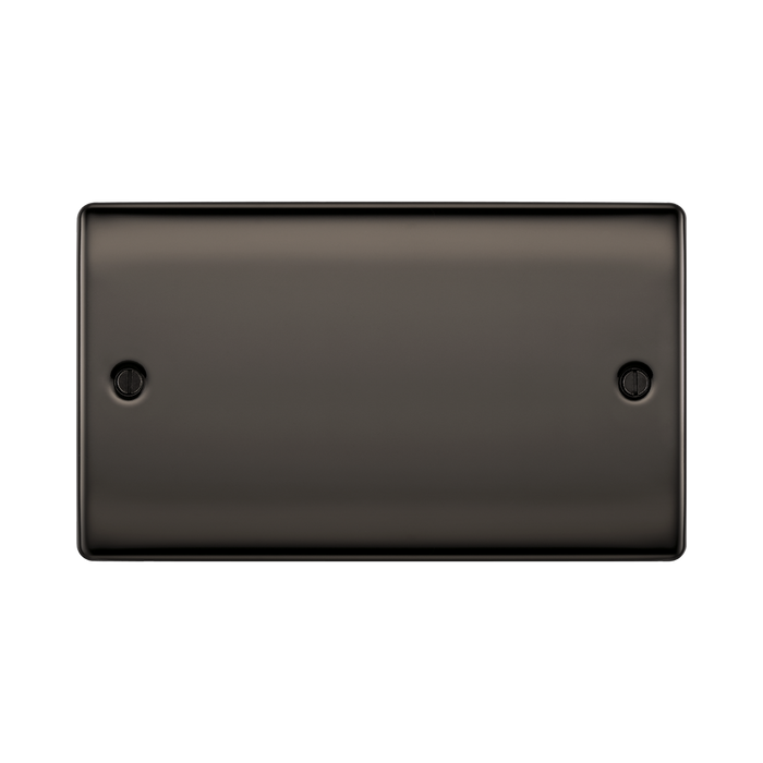 Rectangular black metal plate with two holes on a white background