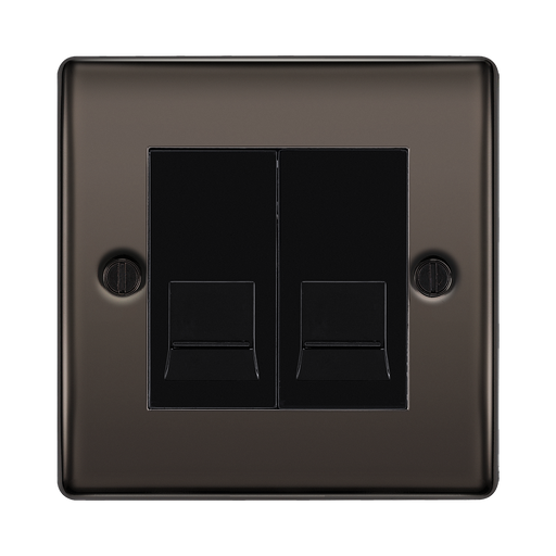 Black double gang wall socket on a white background