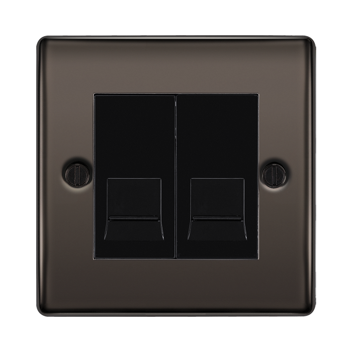 Black double gang wall socket on a white background