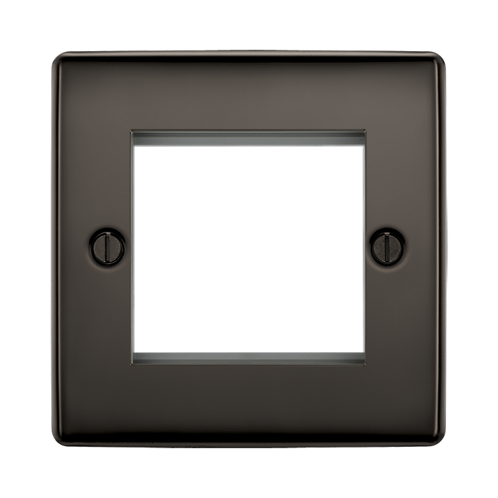 Square black metal frame with two screws on a white background