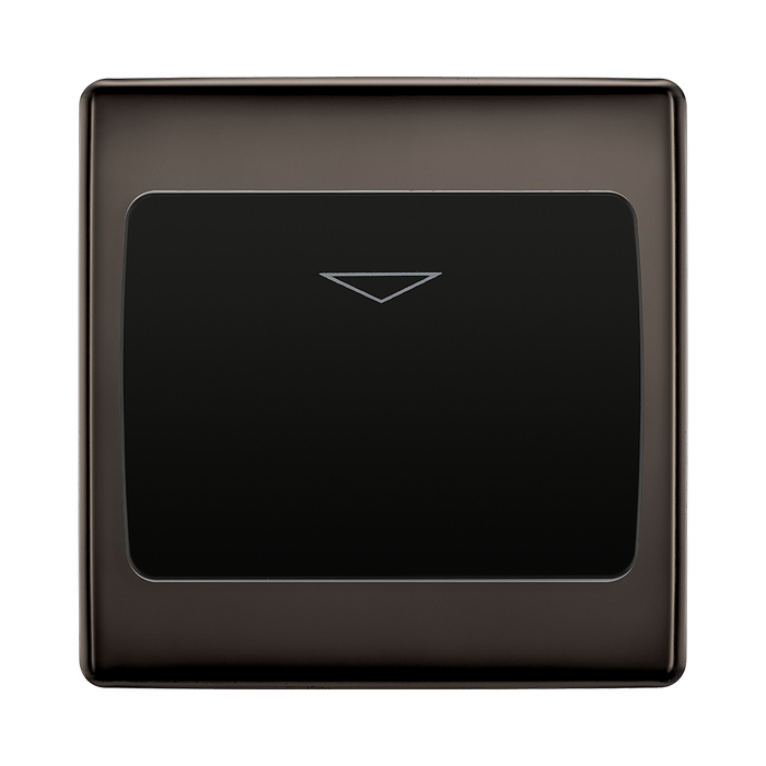 Black rectangular switch with metallic frame on a white background