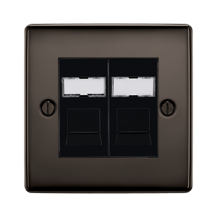Double socket cover with two white sockets on a bronze background