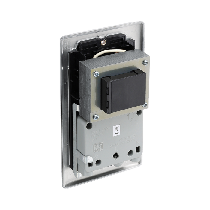 Metallic wall socket with shaver outlet on a white background back
