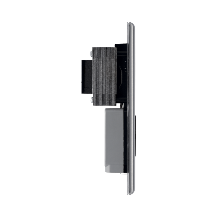 Metallic wall socket with shaver outlet on a white background profile