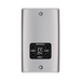 Metallic wall socket with shaver outlet on a white background